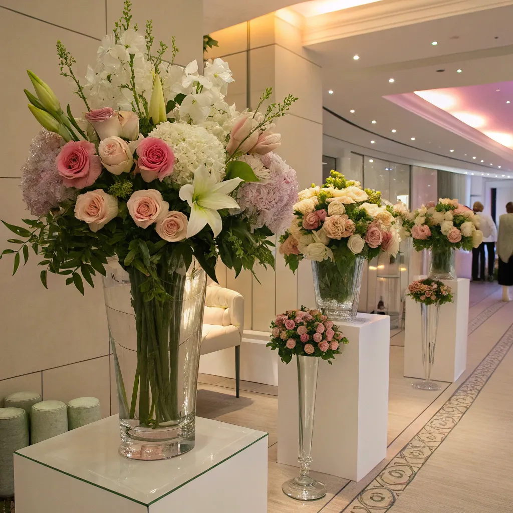 Stylish corporate event floral setup