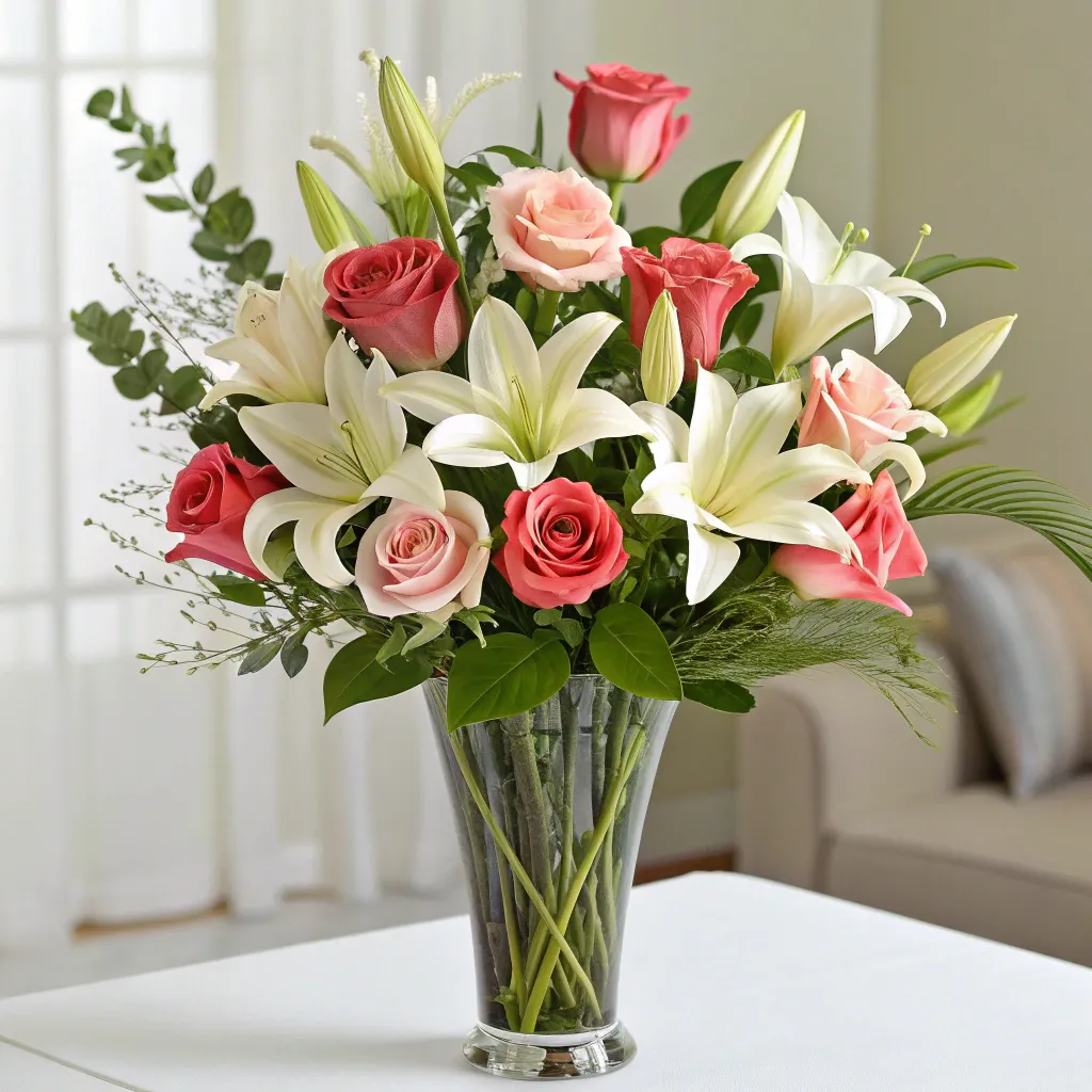Elegant floral arrangement with roses and lilies